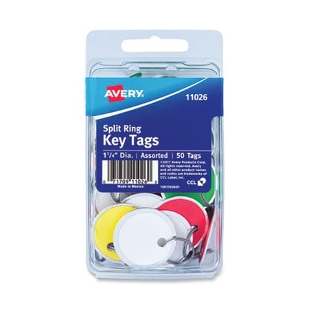 Avery Dennison Avery, Key Tags With Split Ring, 1 1/4 Dia, Assorted Colors, 50PK 11026